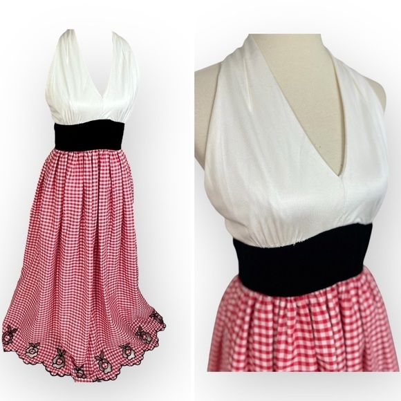 Vintage Dresses & Skirts - Vintage halter print sun dress A-line maxi skirt picnic preppy gingham coquette